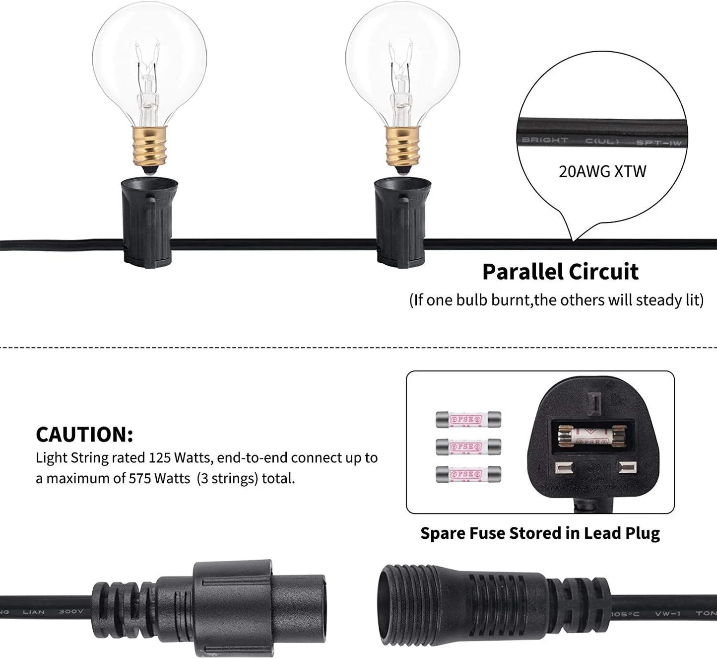 Festoon Party Lights Clear Cap Connectable - 30FT/50FT